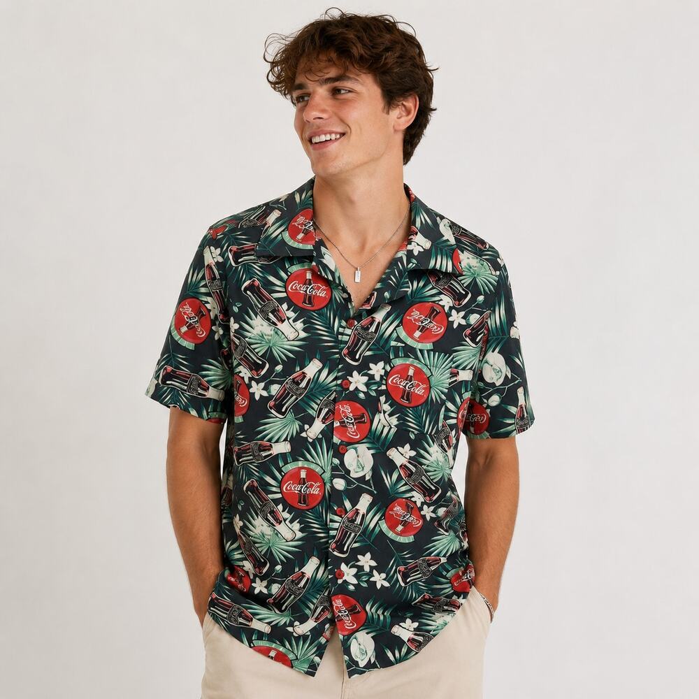 Enjoy Coca Cola Button-Up Hawaiian Shirt Mens Size S Cabana Tropical Lightweight